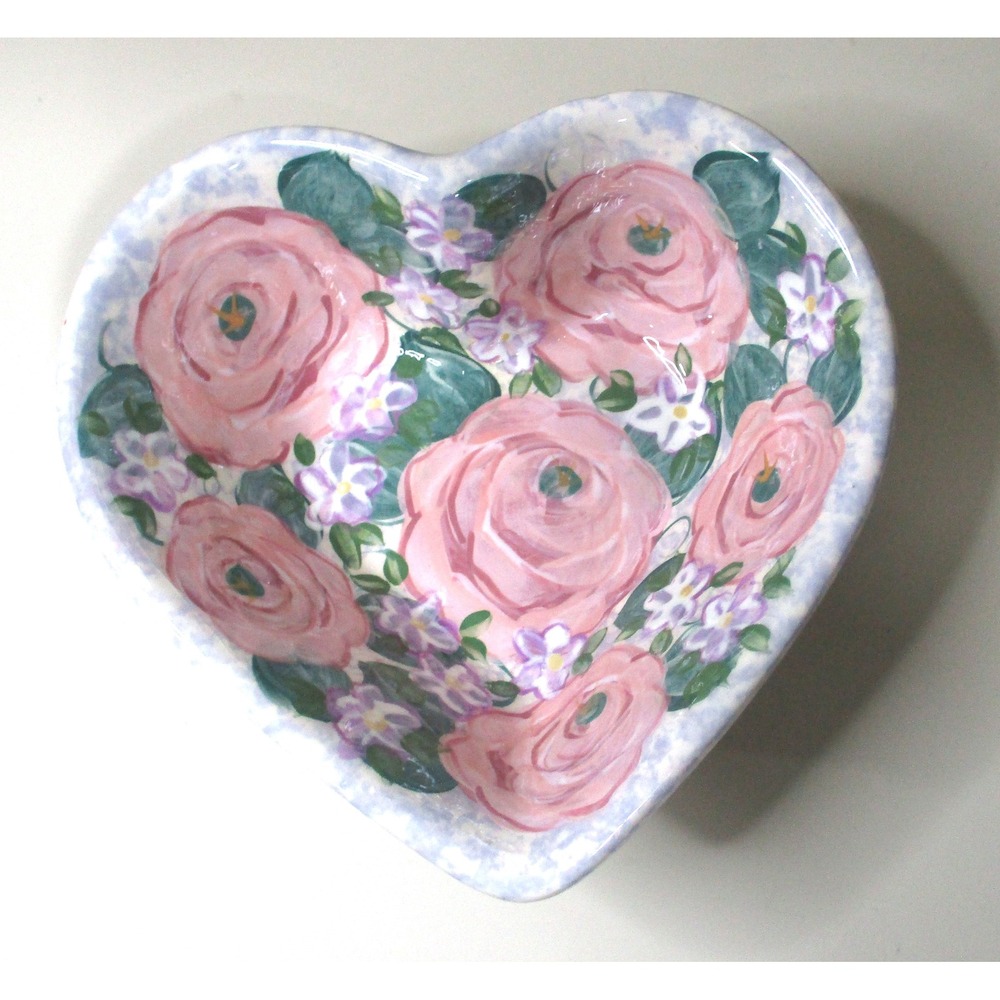 Lesal Ceramics Heart Bowl Hand Painted Pink Roses Lisa Lindberg Van Nortwick